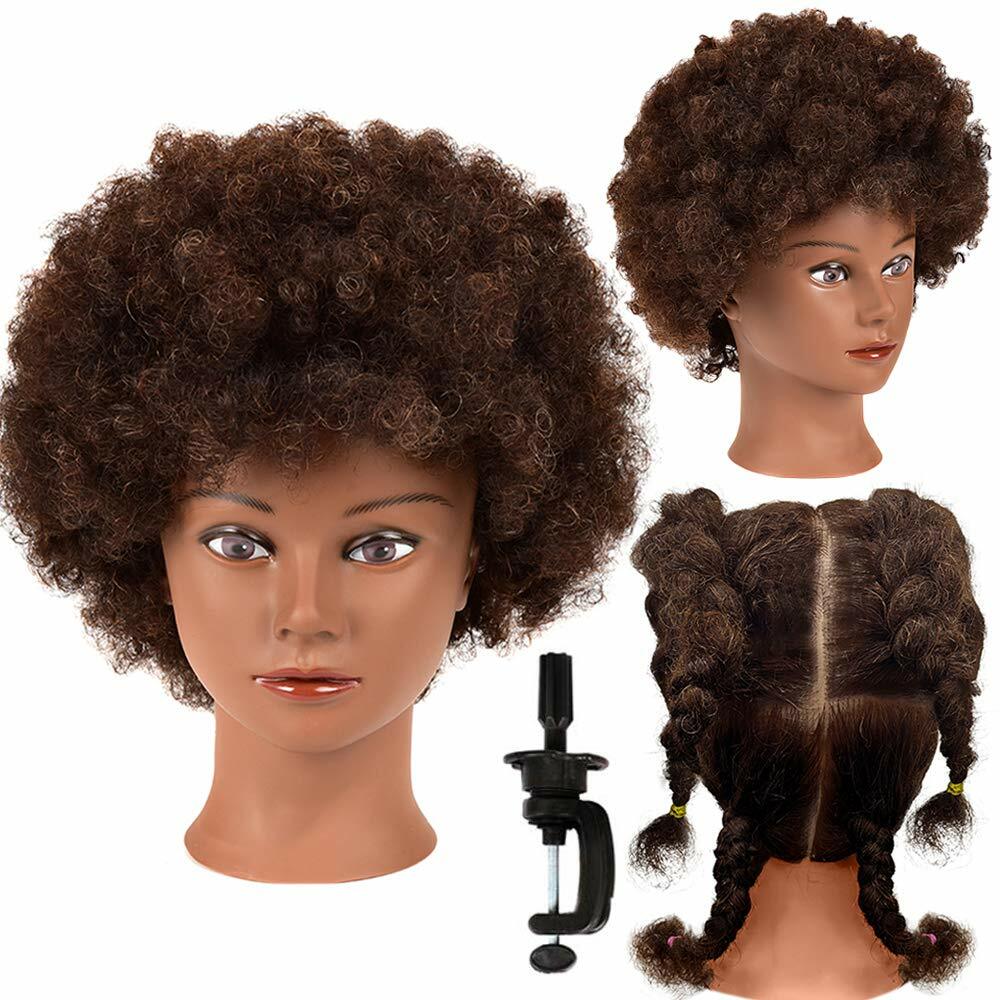 Human Hair Mannequin Head for Hair Styling Training Afro Curl Brown