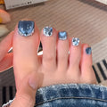 48Pcs Short Square Dark Blue Cat Eye Rhinestone Glitter Press-On Nails