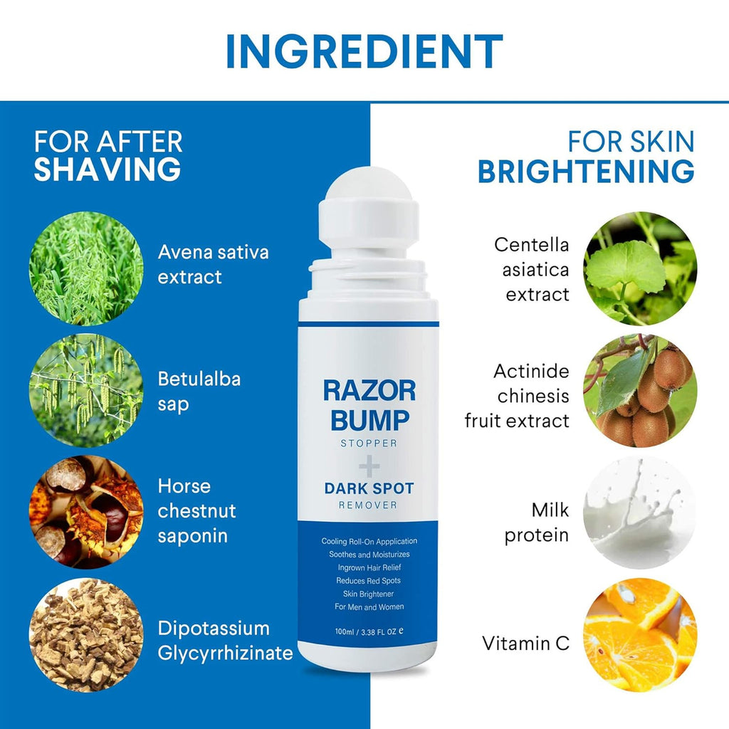 Razor Bump Stopper with Ingrown Hair Treatment for Men and Women - Roll-On Serum for Shaving Irritation, Redness, and Dark Spots, 3.38 Fl Oz
