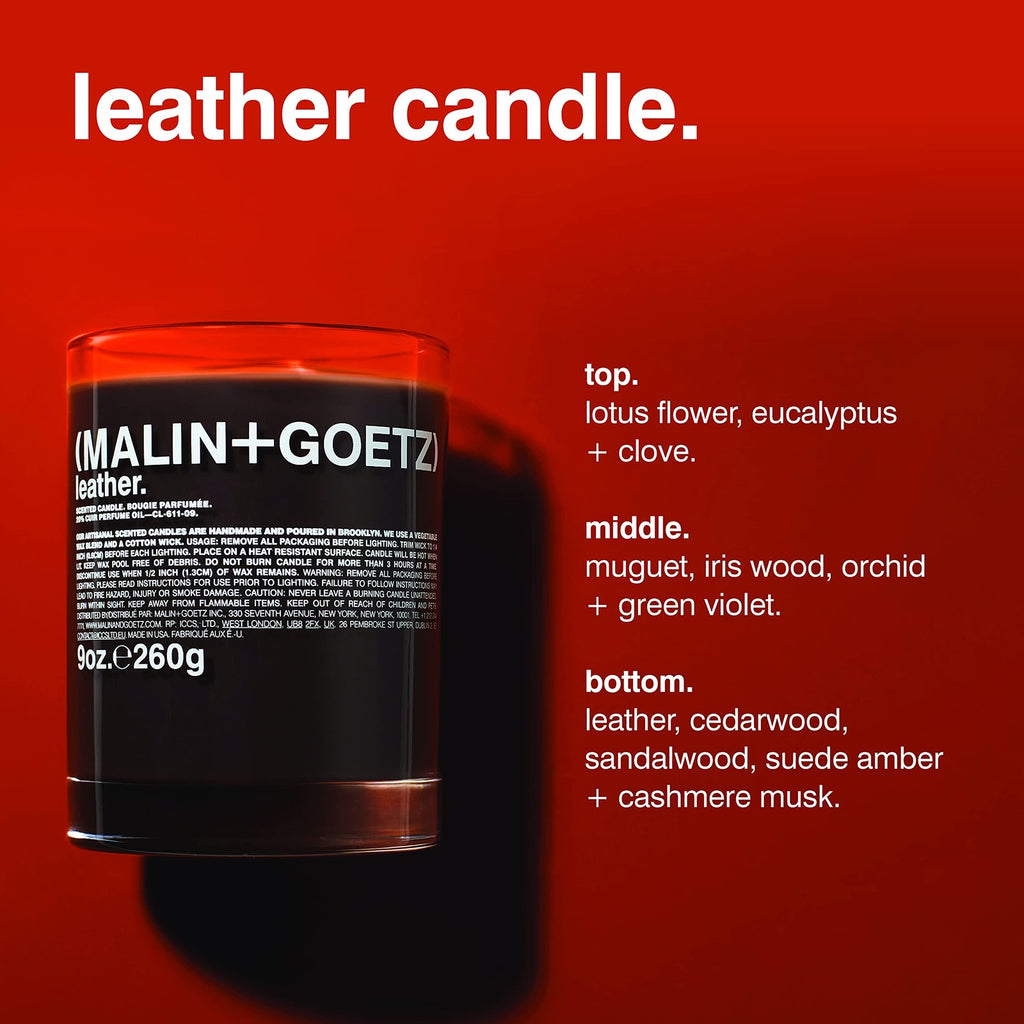Leather Scented Candle - 60 Hour Burn Time, Natural Wax, 9 oz