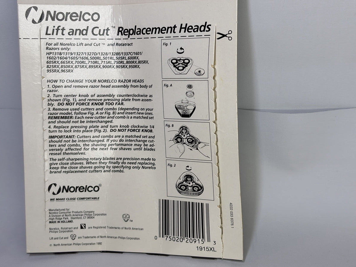 Norelco 1915XL Lift & Cut Razor Head Replacement Set - 3 Cutters & 3 Combs
