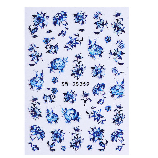 Blue Floral Nail Stickers 2 Sheets Self-Adhesive 3D Floral Decals for Nails