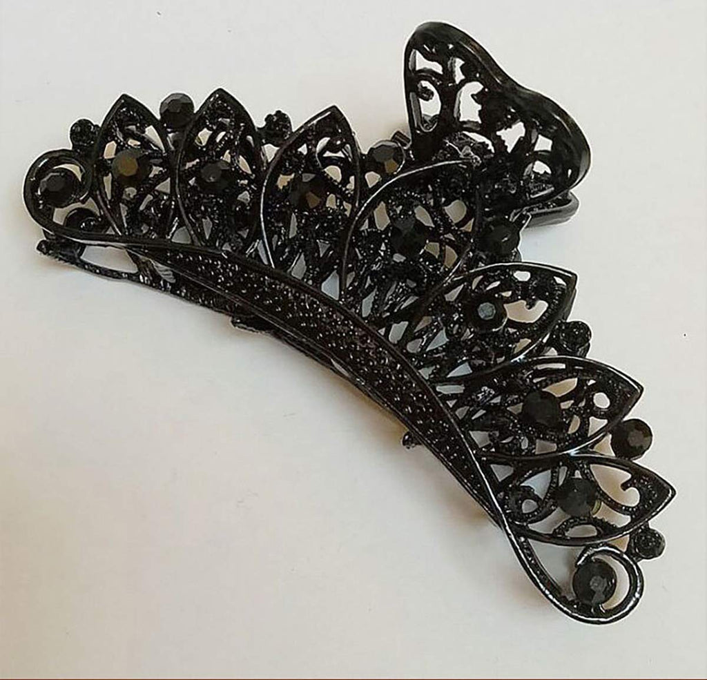 Lady Women Black Retro Flowers Hair Claw Clip Vintage Rhinestone Accessory