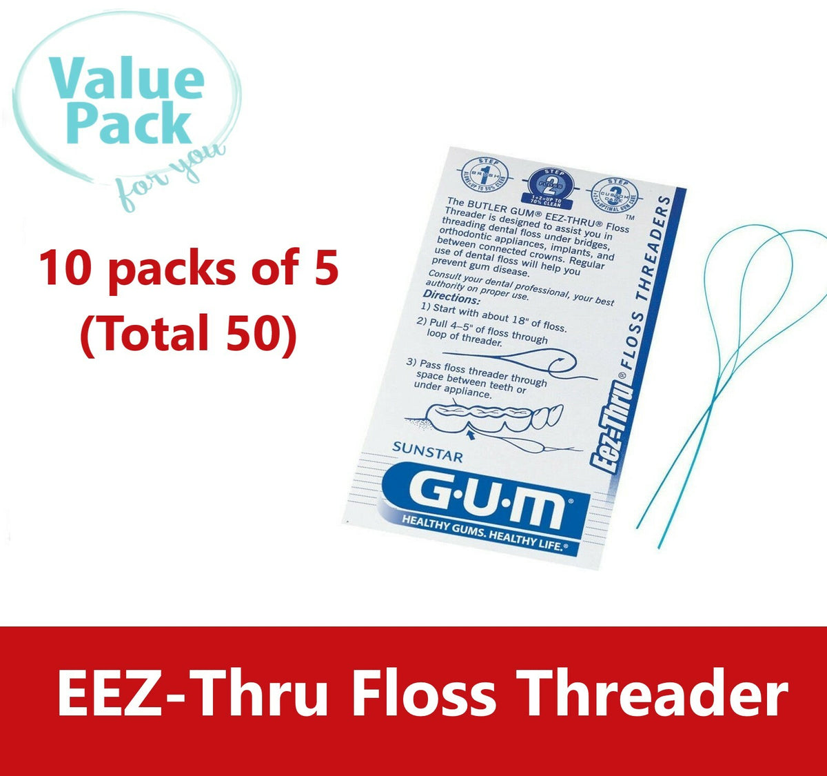 Sunstar GUM Eez-Thru Dental Floss Threaders - 50 Pack for Orthodontic & Braces
