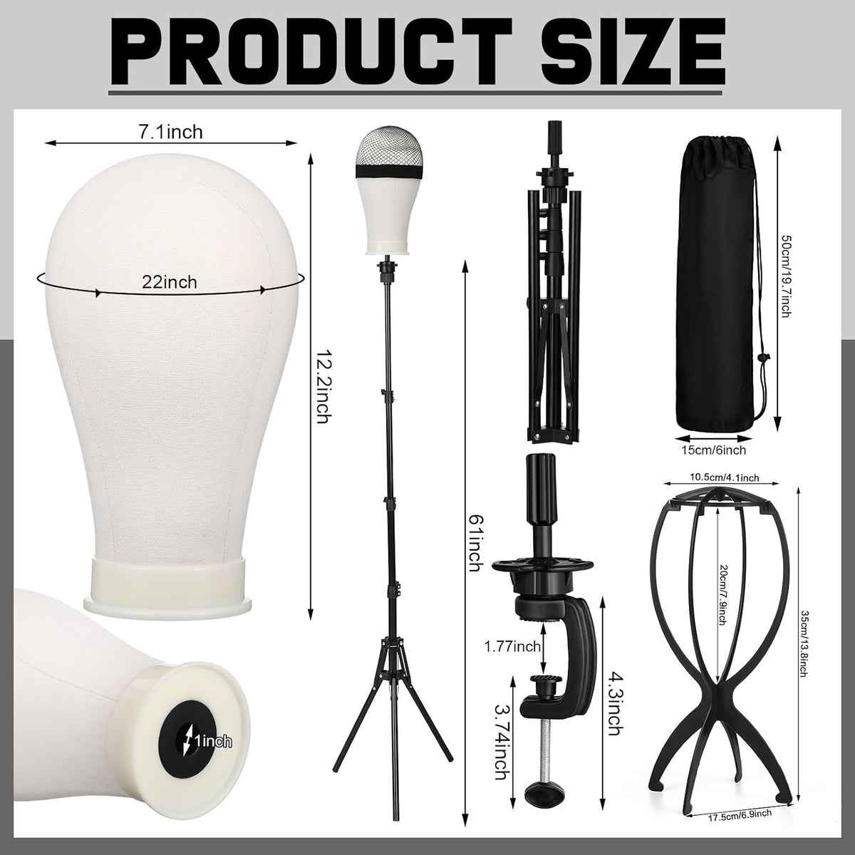 22 Inch Canvas Mannequin Head with Adjustable Wig Stand Tripod for Styling