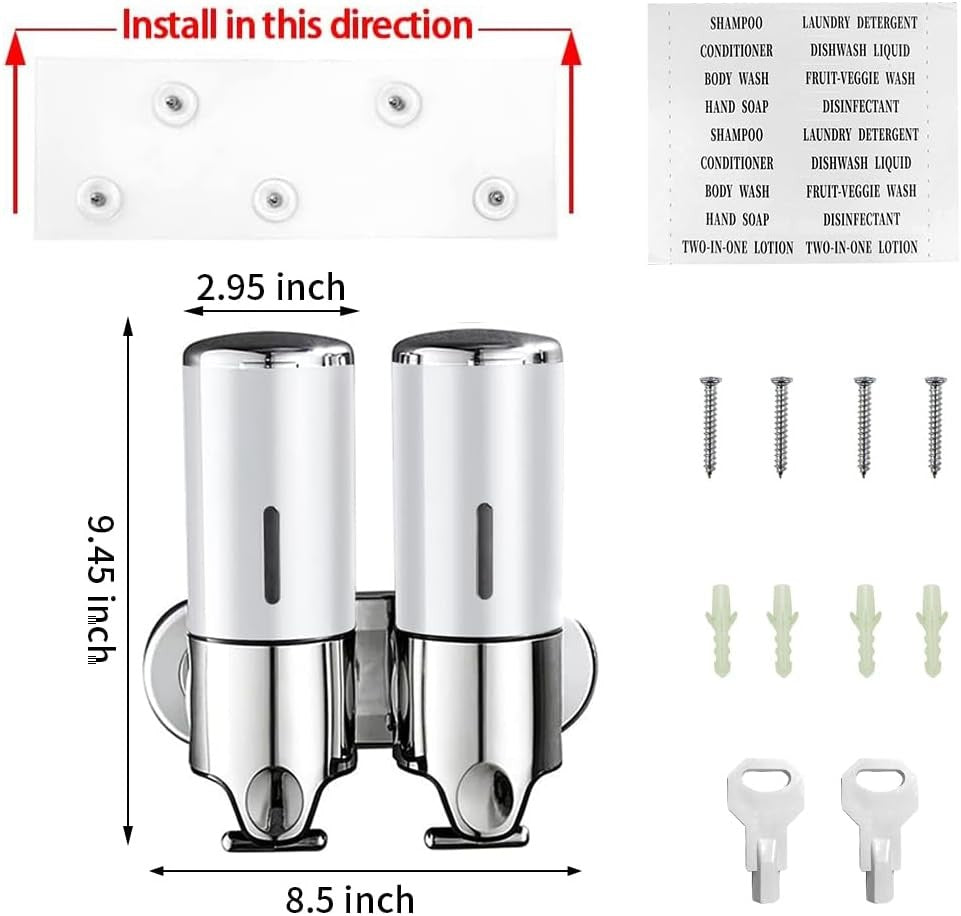 Wall Mount 2-Head Shampoo Soap Conditioner Dispenser for Hotels & Bathrooms