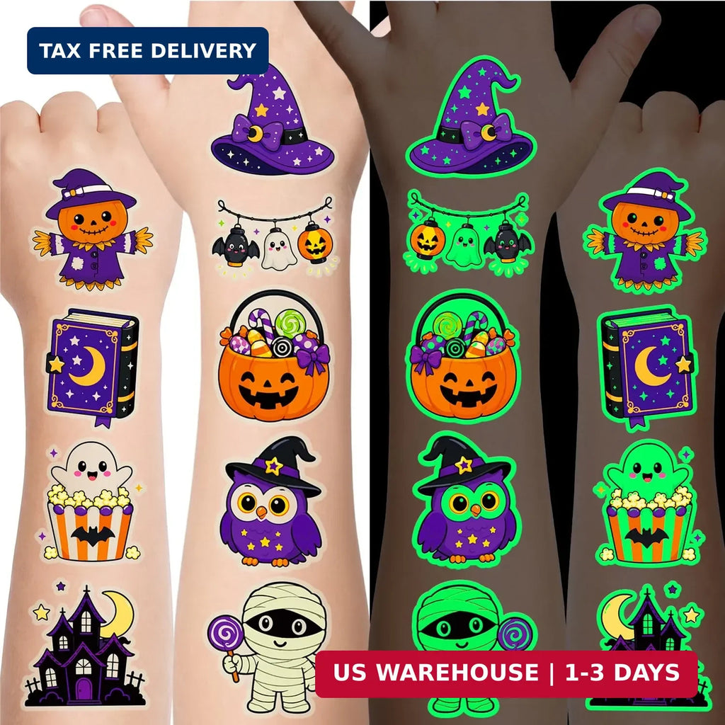 Glow-in-the-Dark Halloween Temporary Tattoos for Kids – 96 Designs