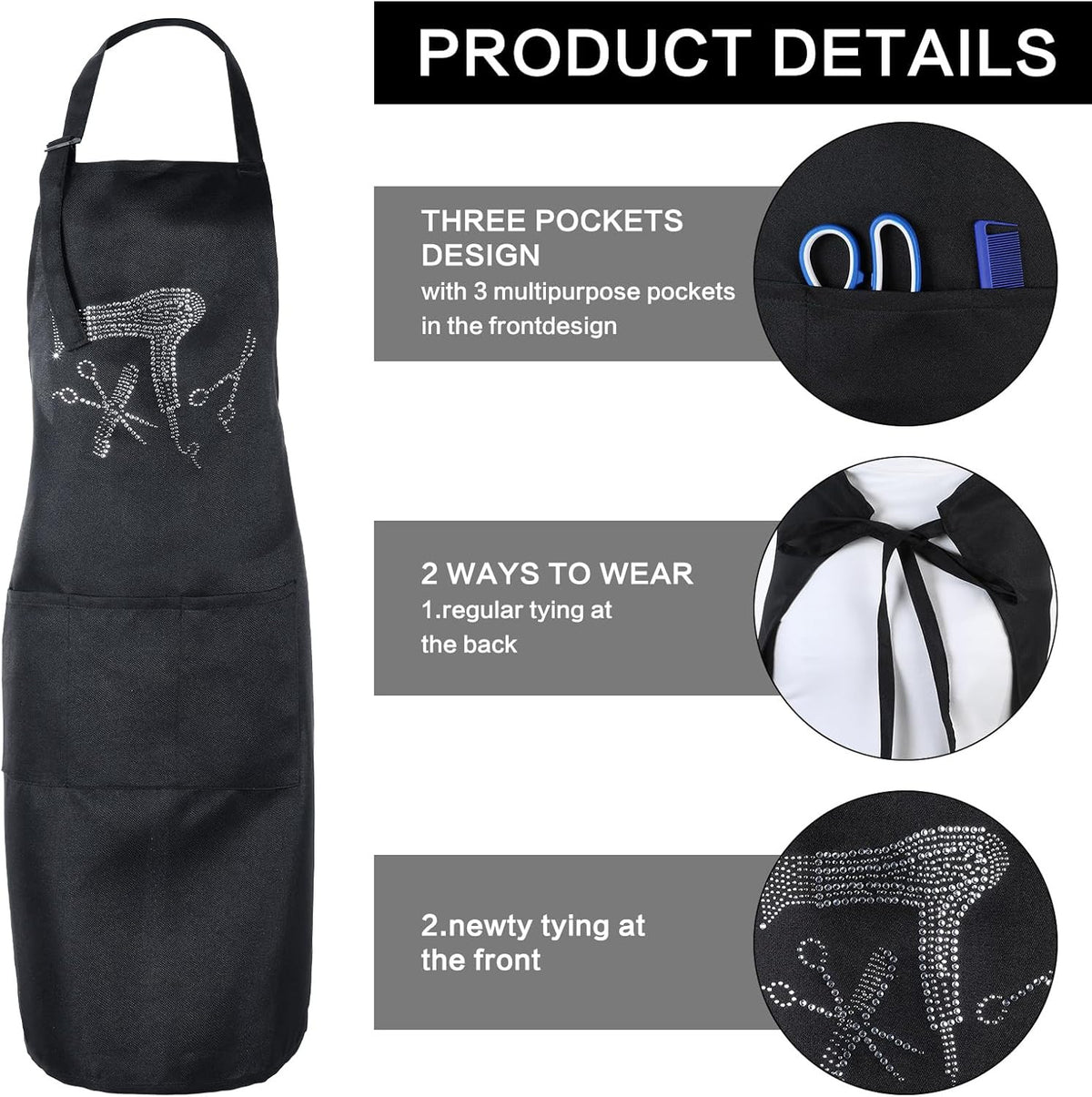 Hair Stylist Apron with 3 Pockets, Professional Haircut Apron with Rhinestones
