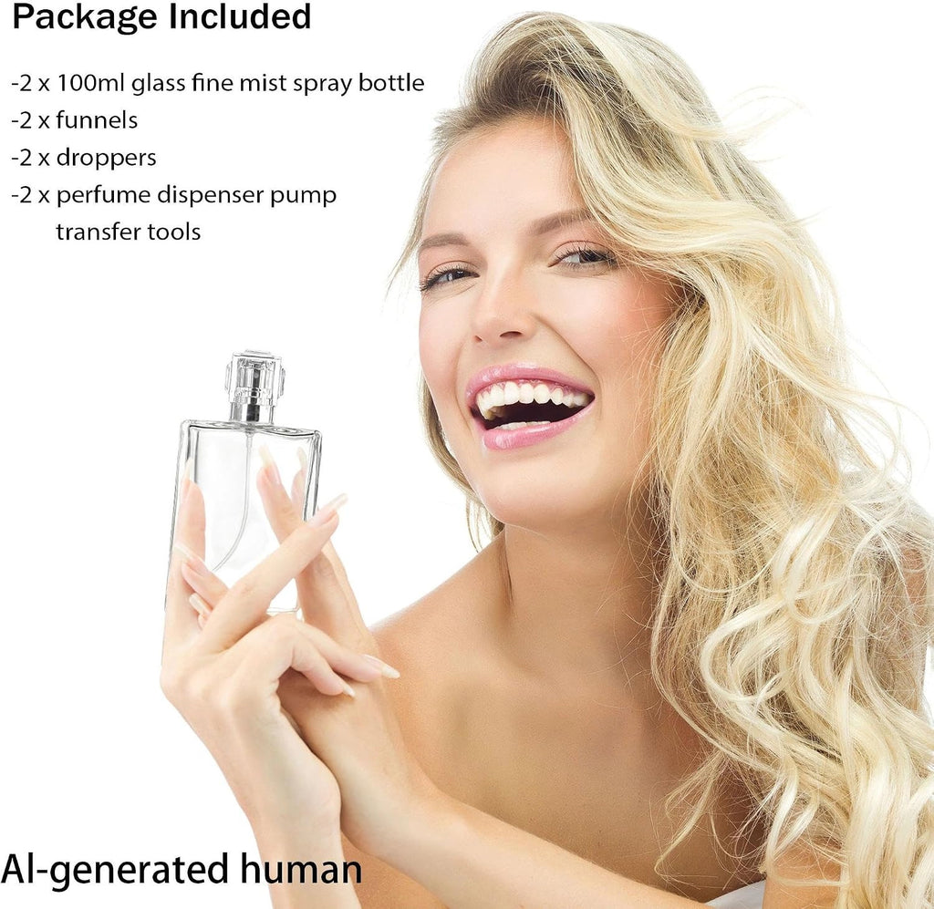 Refillable Glass Perfume Spray Bottles 100ml - 2 Pack Fine Mist Cologne Containers