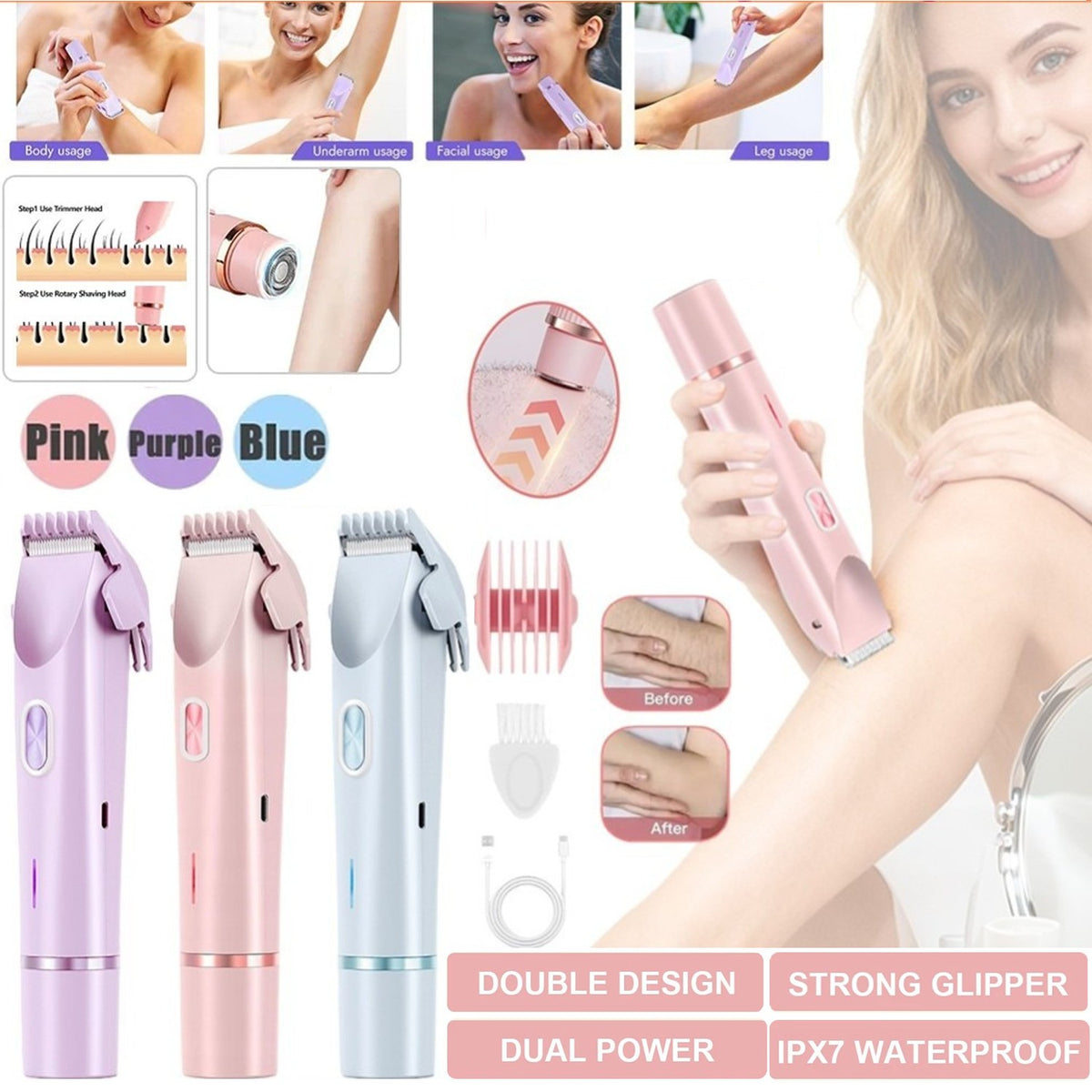 Women Dual Head Waterproof Electric Shaver & Bikini Trimmer - Rechargeable, Wet & Dry Use