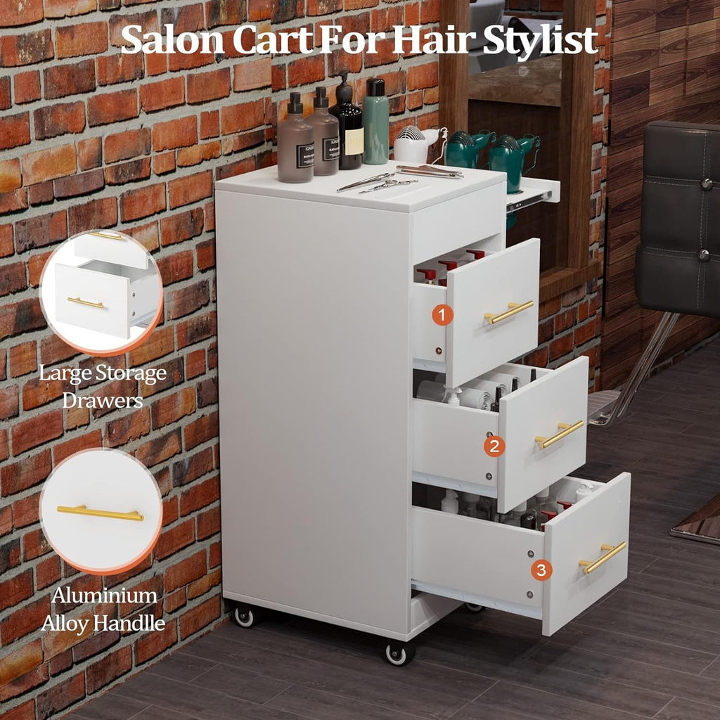 Salon Trolley Cart with Wheels - Wooden Hair Storage Cabinet with Drawers
