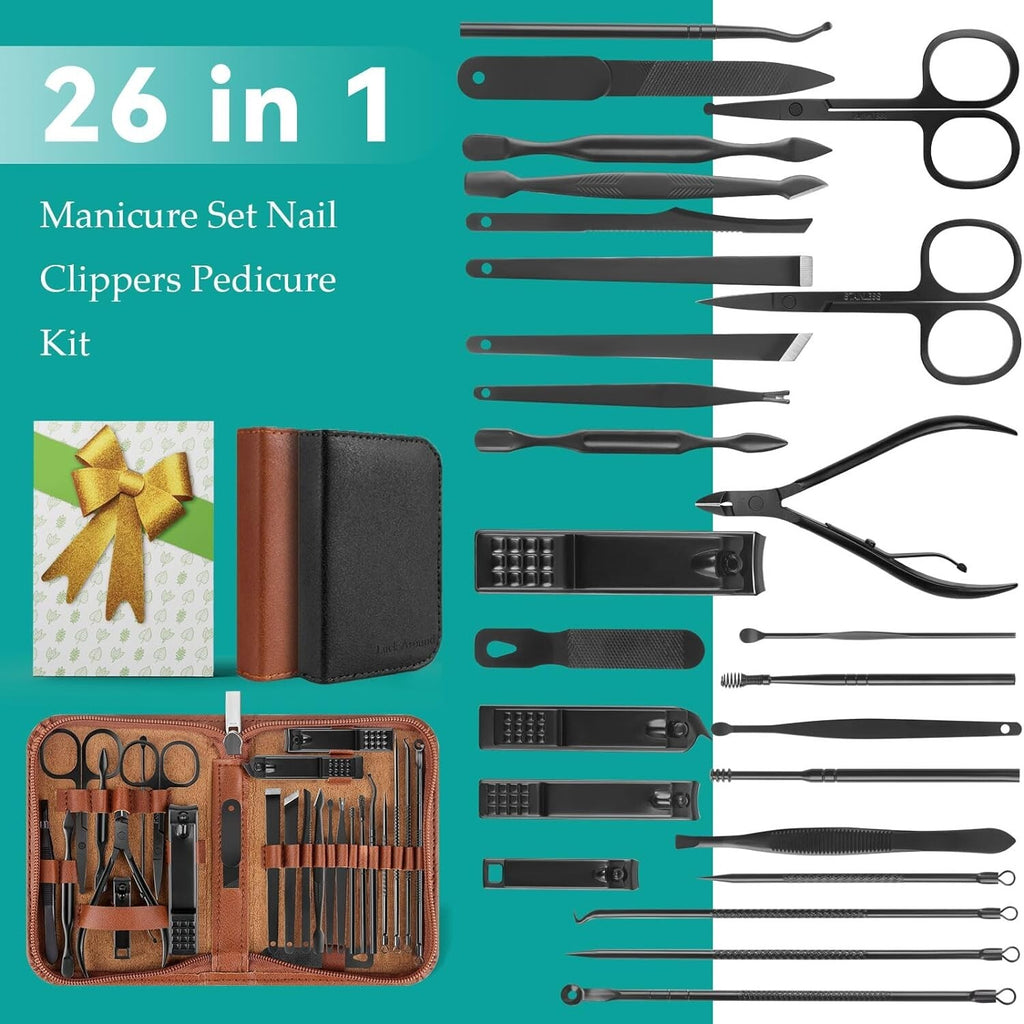 Professional Manicure & Pedicure Kit with 26 Nail Care Tools - Portable Stainless Steel Set