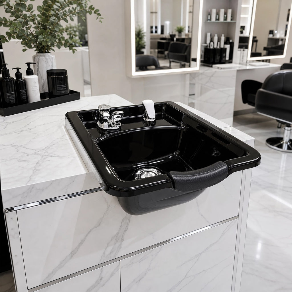 Wall Mount Shampoo Sink with Neck Rest and Accessories - Black ABS Basin