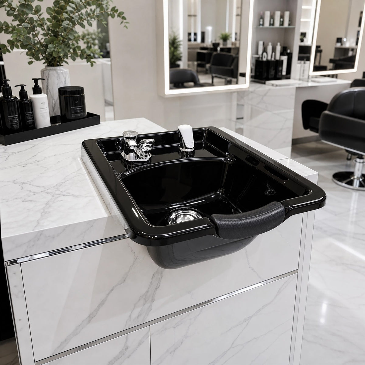 Wall Mount Shampoo Sink with Neck Rest and Accessories - Black ABS Basin