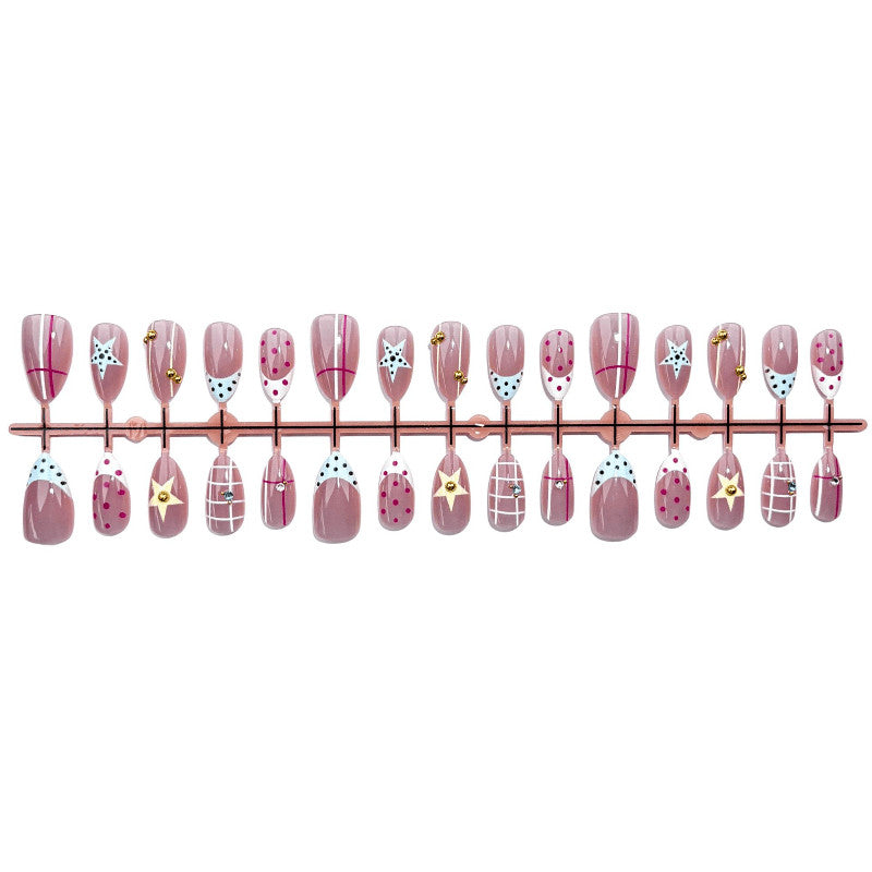 Press On Nails Set for Nail Art - 60 Pink White Grid Rhinestones Glossy Almond Shape