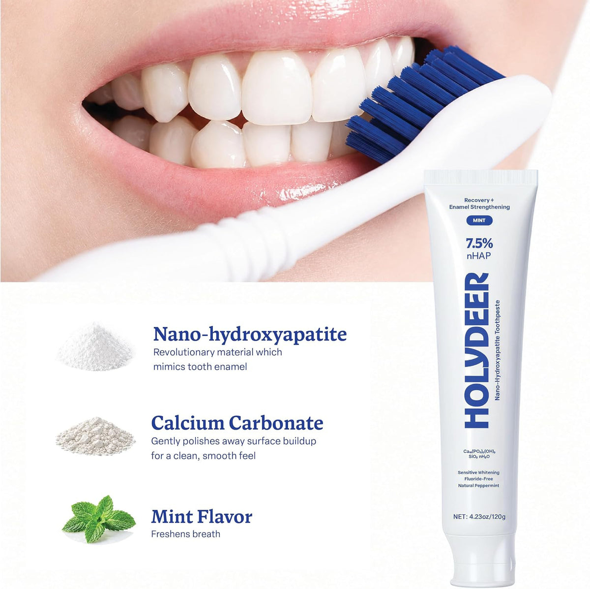 Nano-Hydroxyapatite Toothpaste Mint 7.5% Enamel Support Fluoride-Free Sensitive Whitening