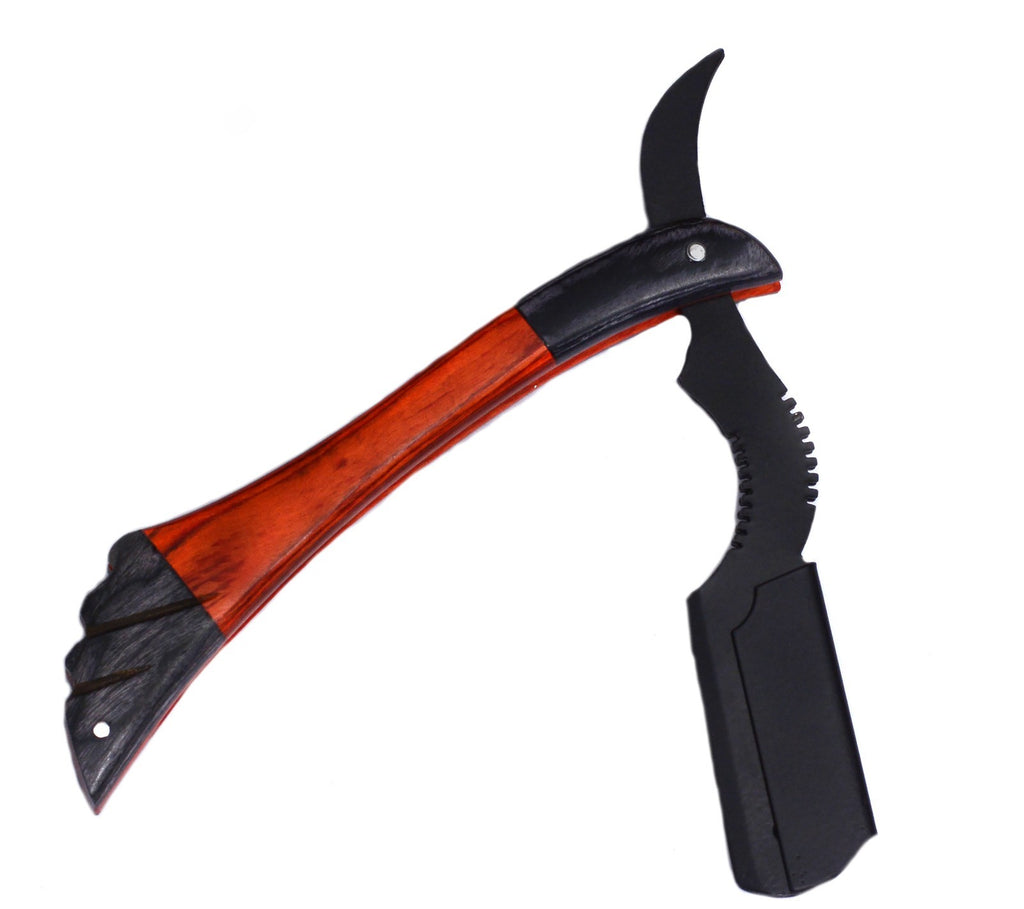 Wood Handle Straight Edge Barber Razor with 10 Blades - Folding Shaving Knife