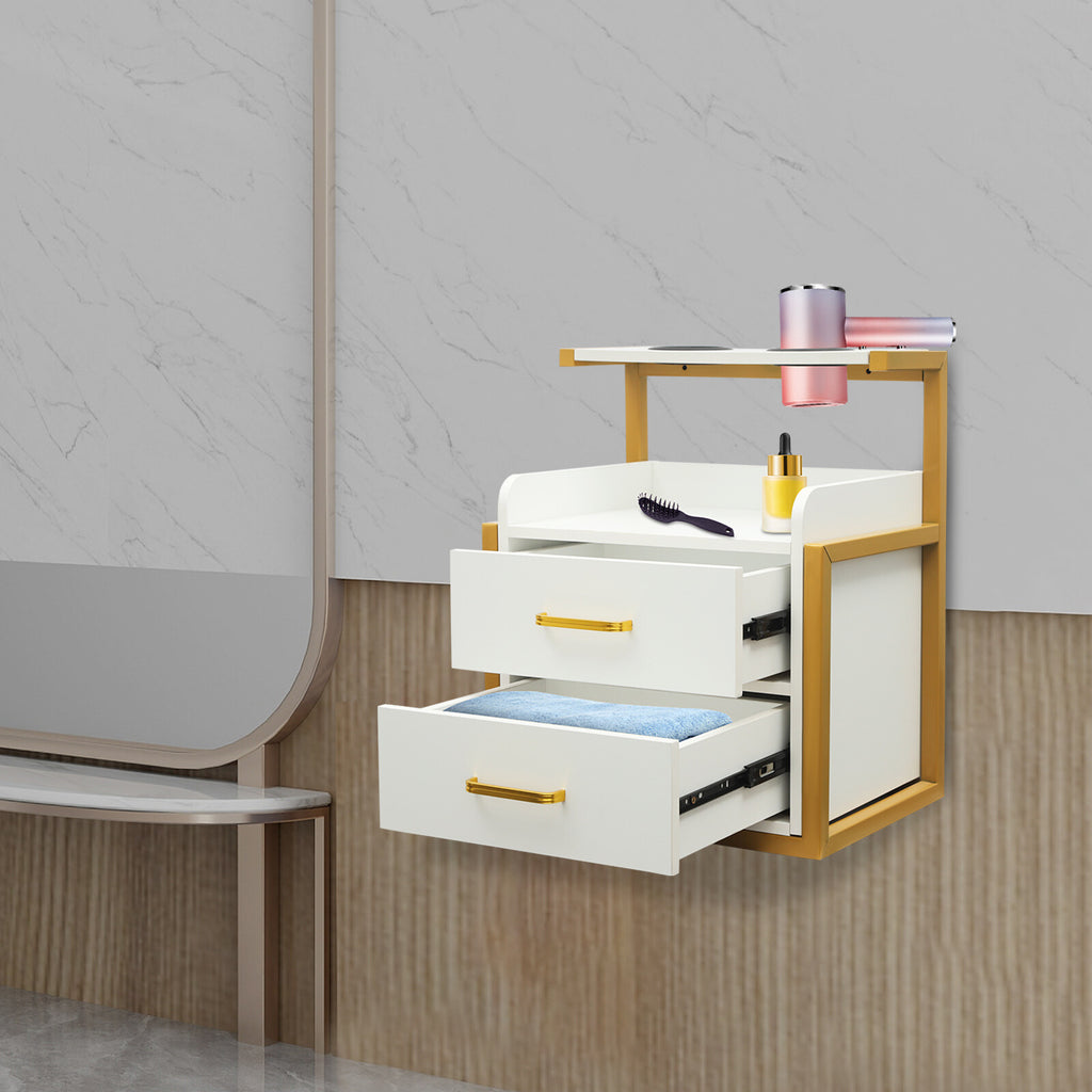 Wall Mount Salon Storage Cabinet with 2 Drawers and Open Shelf - Spa Barber Hair Tool Organizer