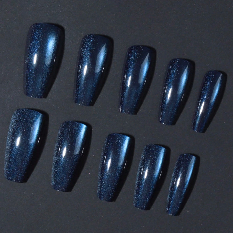 Medium Coffin Cat Eye Nail Tips Set - Blue Full Cover Press-On Nails