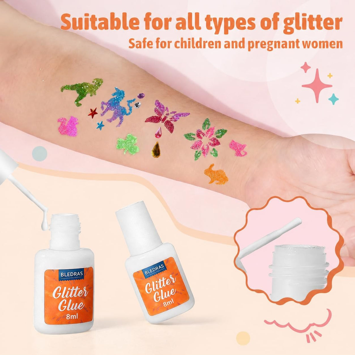 Glitter Tattoo Body Glue - 2 Pack 8ml, Safe Skin Adhesive for Glitter & Accessories
