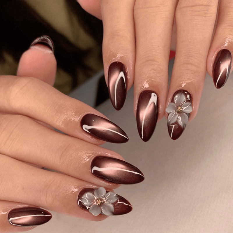 48Pcs Brown Cat Eye Floral Almond Fake Nails - Trendy Press-On Manicure