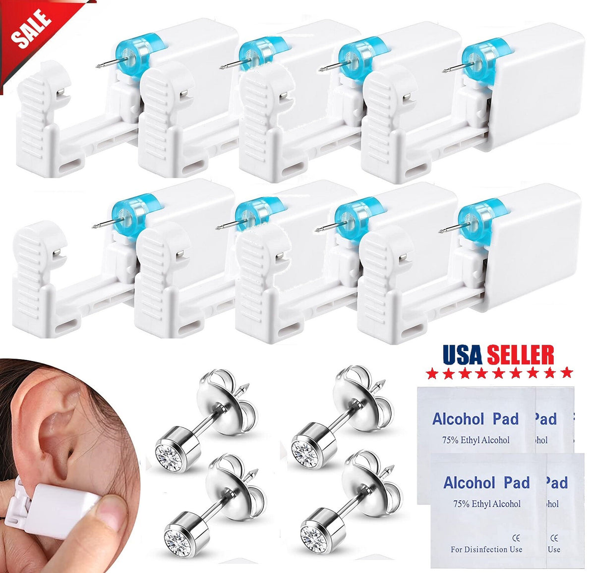 Disposable Ear Piercing Kit, Self-Ear Gun, Silver Stud Earring Starter