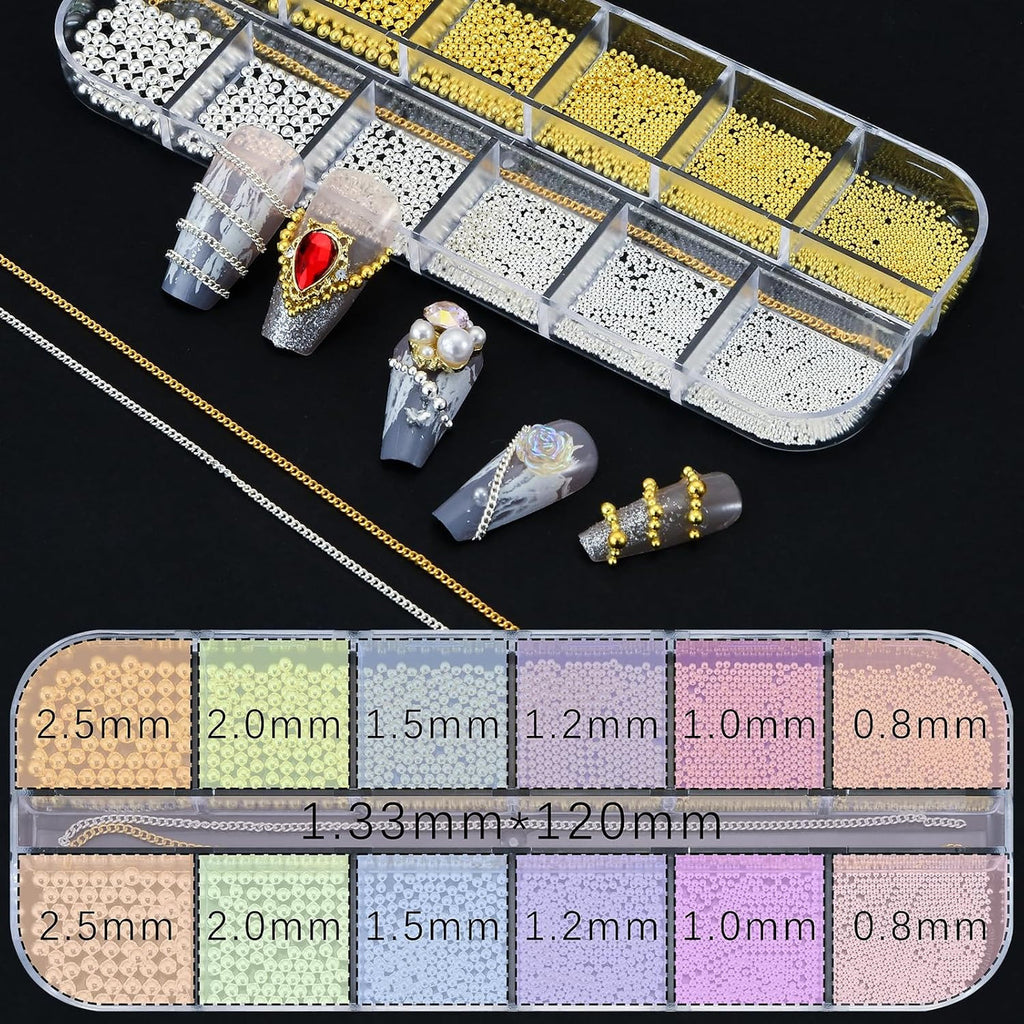 Silver and Gold Nail Art Beads Caviar Chain Set for Manicure Decor