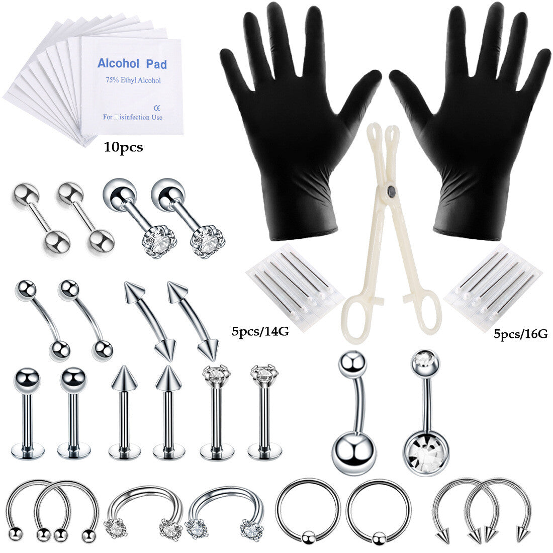 39+ Pc Piercing Kit - 14G/16G Stainless Steel Nipple, Belly, Tongue, Nose & Lip Jewelry Set