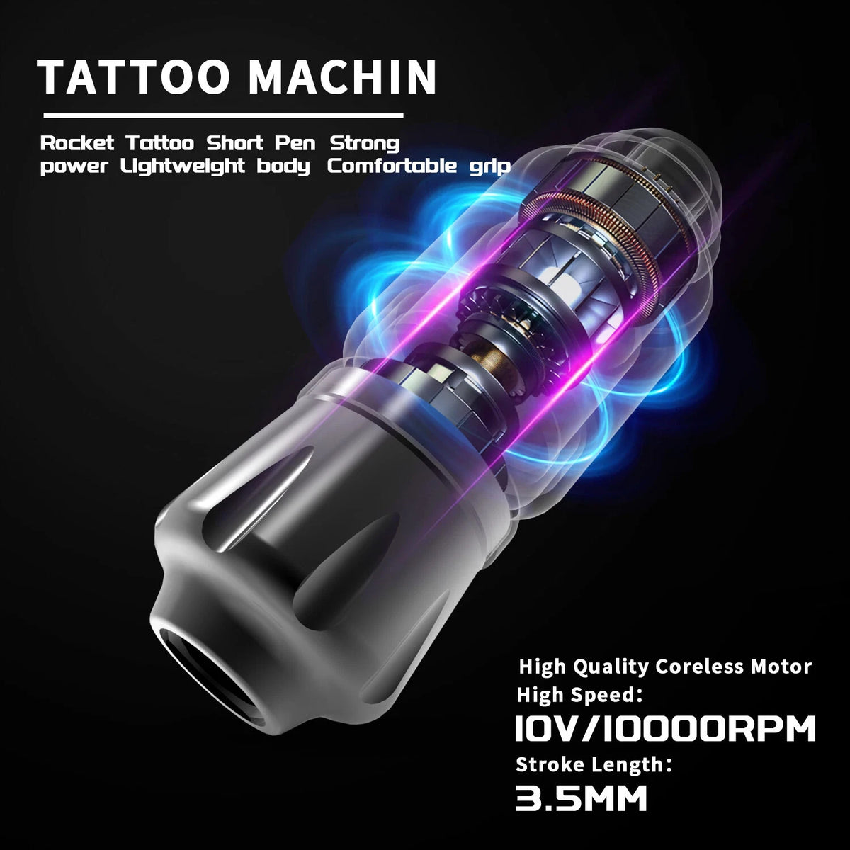 Tattoo Machine Kit with Cartridges & Needles - Coreless Pen, Wireless Power
