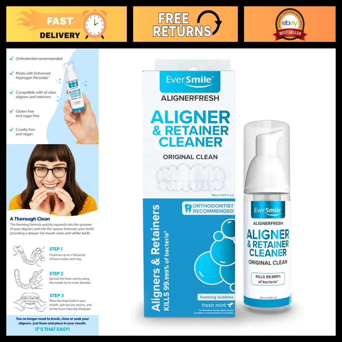 Aligner Cleaner Foam for Clear Aligners & Retainers - Whitens Teeth, Kills Bacteria