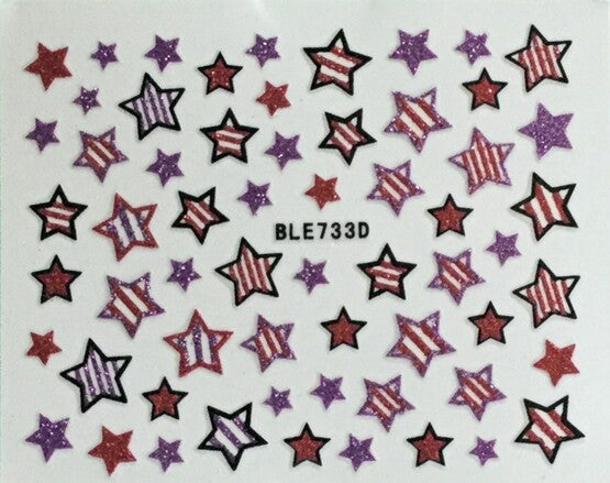 7 Colors Glitter Star Nail Decals for Independence Day 4th of July - Pack of 1 Sheet