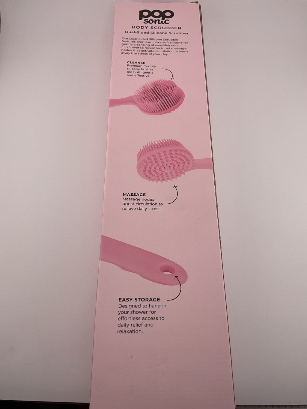Pop Sonic Dual-Sided Silicone Body Scrubber with Extra Long Handle - Light Pink