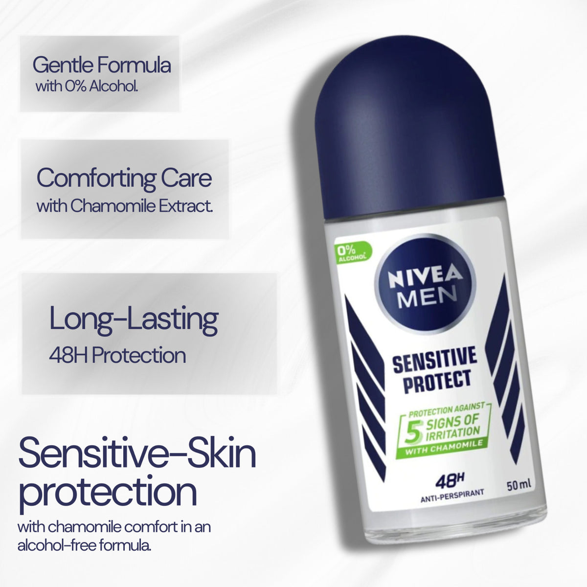 Nivea Men Sensitive Deodorant 48H with Chamomile - Alcohol-Free Roll-On, 6-Pack