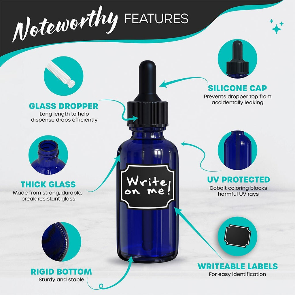 Cobalt Blue Glass Dropper Bottles Set of 48 - 1 oz with Labels & Accessories