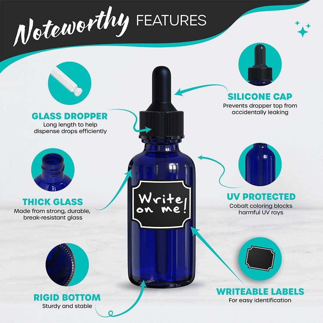 Cobalt Blue Glass Dropper Bottles Set of 48 - 1 oz with Labels & Accessories