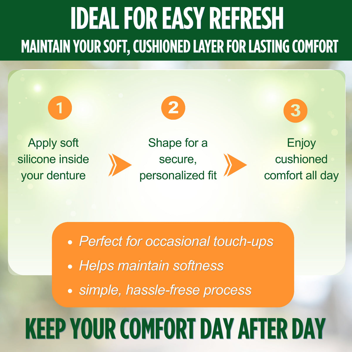 Denture Soft Reline Kit for Comfortable Fit - Long-Lasting Cushion, Easy Application