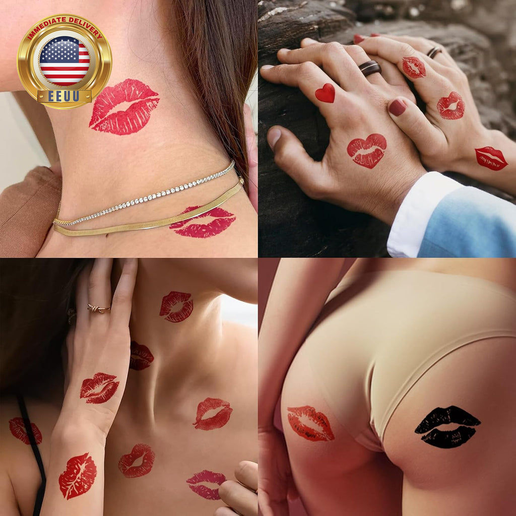 Temporary Lip Tattoo Set - 12 Sheets Red Kiss Heart Print Lip Stick Tattoos