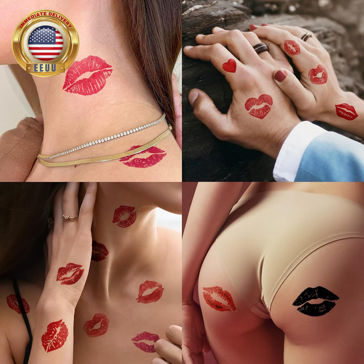 Temporary Lip Tattoo Set - 12 Sheets Red Kiss Heart Print Lip Stick Tattoos