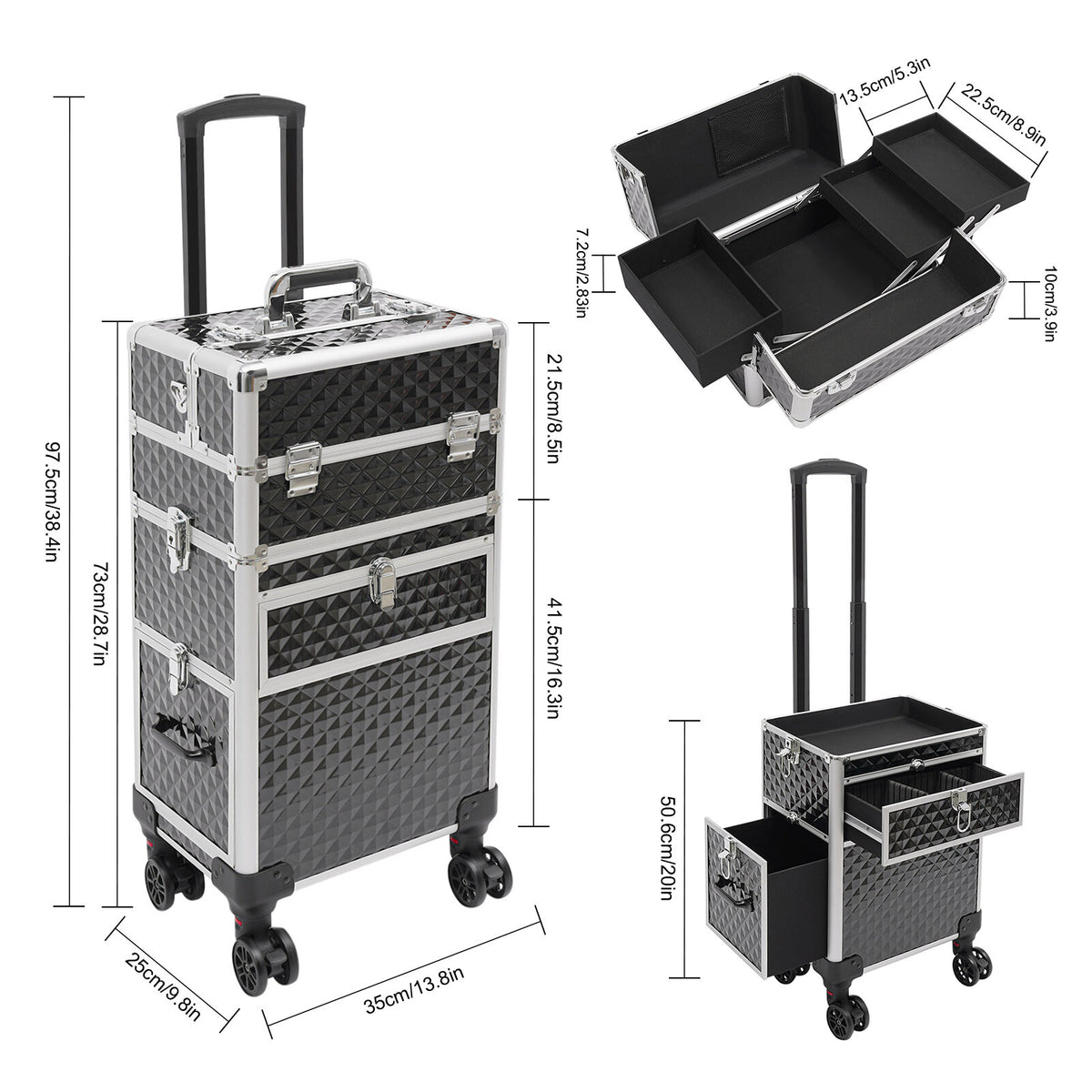 Rolling Makeup Case Travel Cosmetic Storage Trolley with Lock & Handle