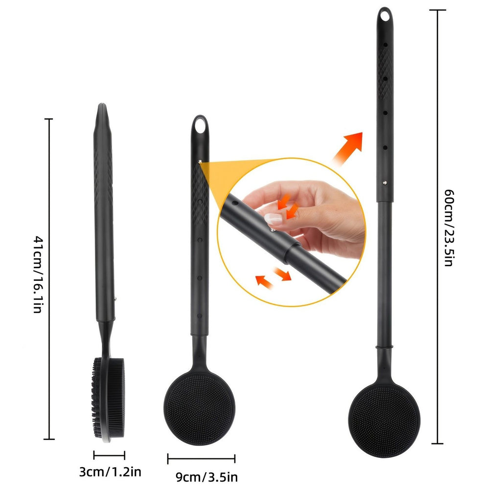 Long Handle Silicone Body Scrubber with Soft Bristles for Shower Exfoliation