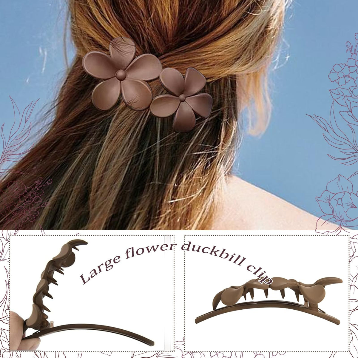 Flat & Flower Hair Clips Set - 6 Pack, Strong Hold Claw & Non-Slip Styles