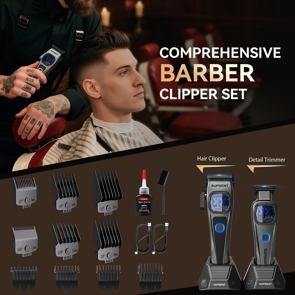 Cordless Hair Clipper & Trimmer Set with Titanium Blades, Adjustable Speed