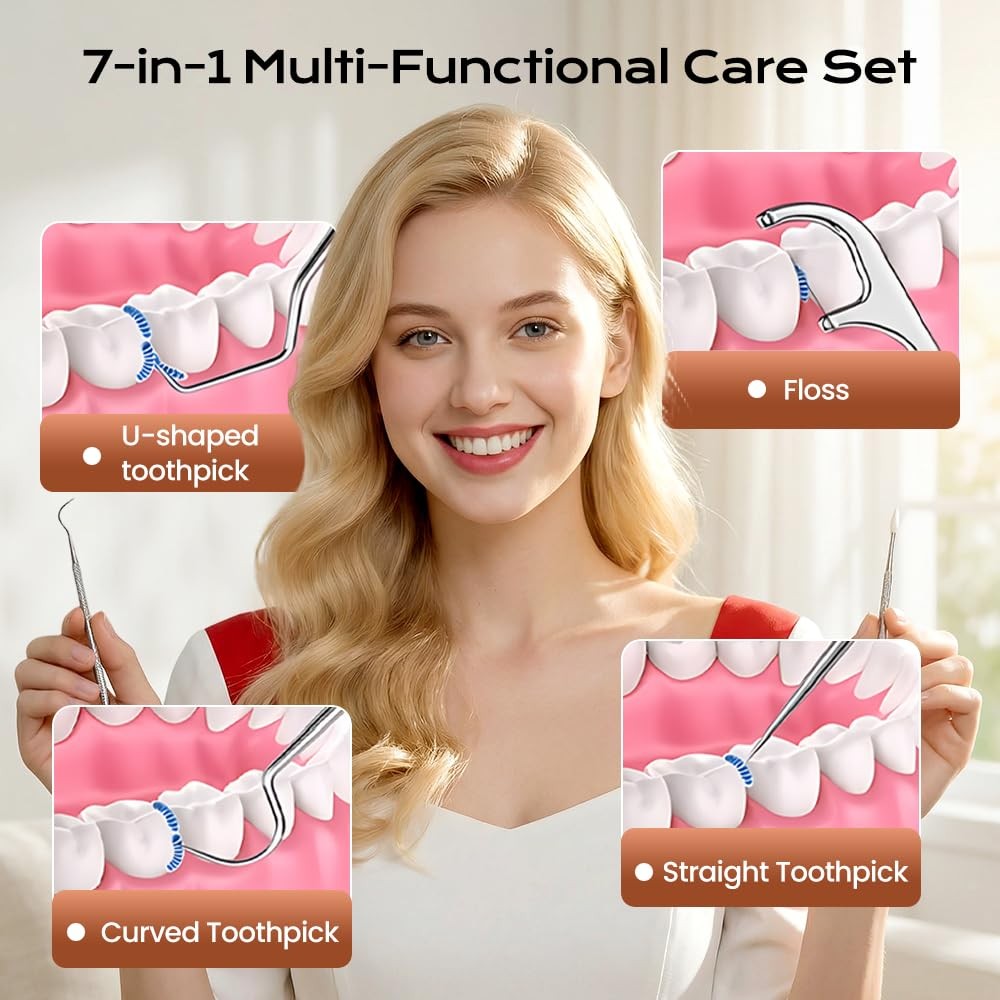 Set of 7 Stainless Steel Toothpicks with Keychain Holder - Reusable Portable Oral Care