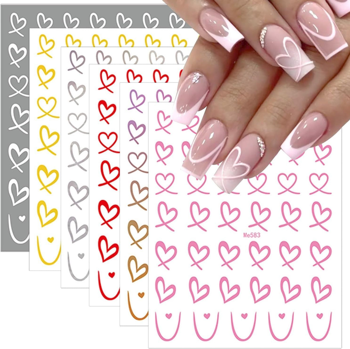 Valentine's Nail Stickers Set - 6 Sheets Colorful Heart Decals for Nail Art