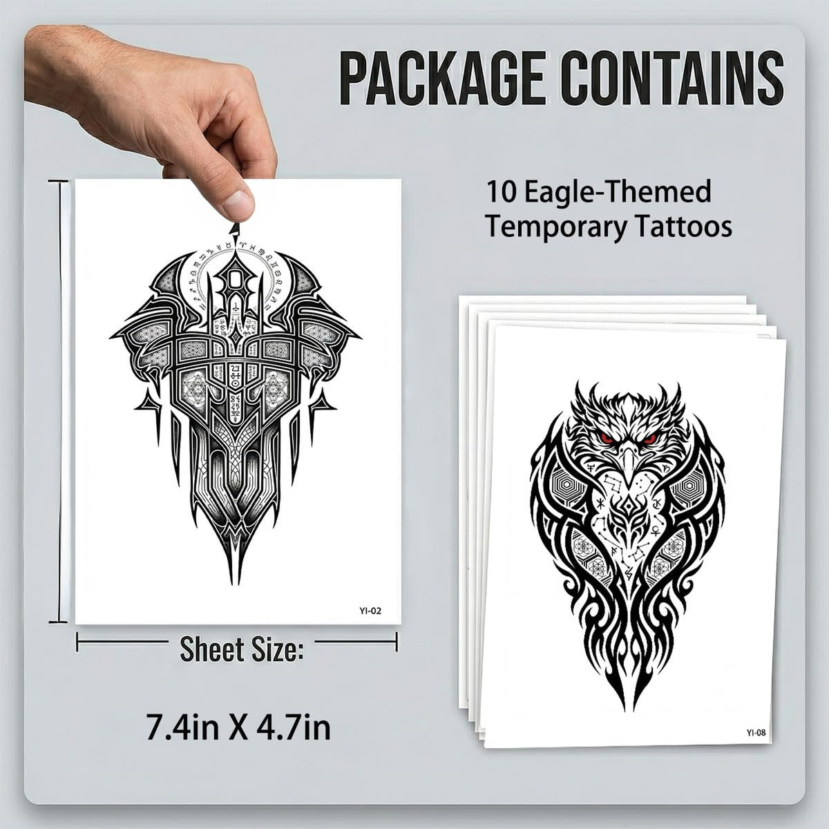 Temporary Tattoos for Adults - Large Eagle Tribal Design, 10 Sheets Waterproof