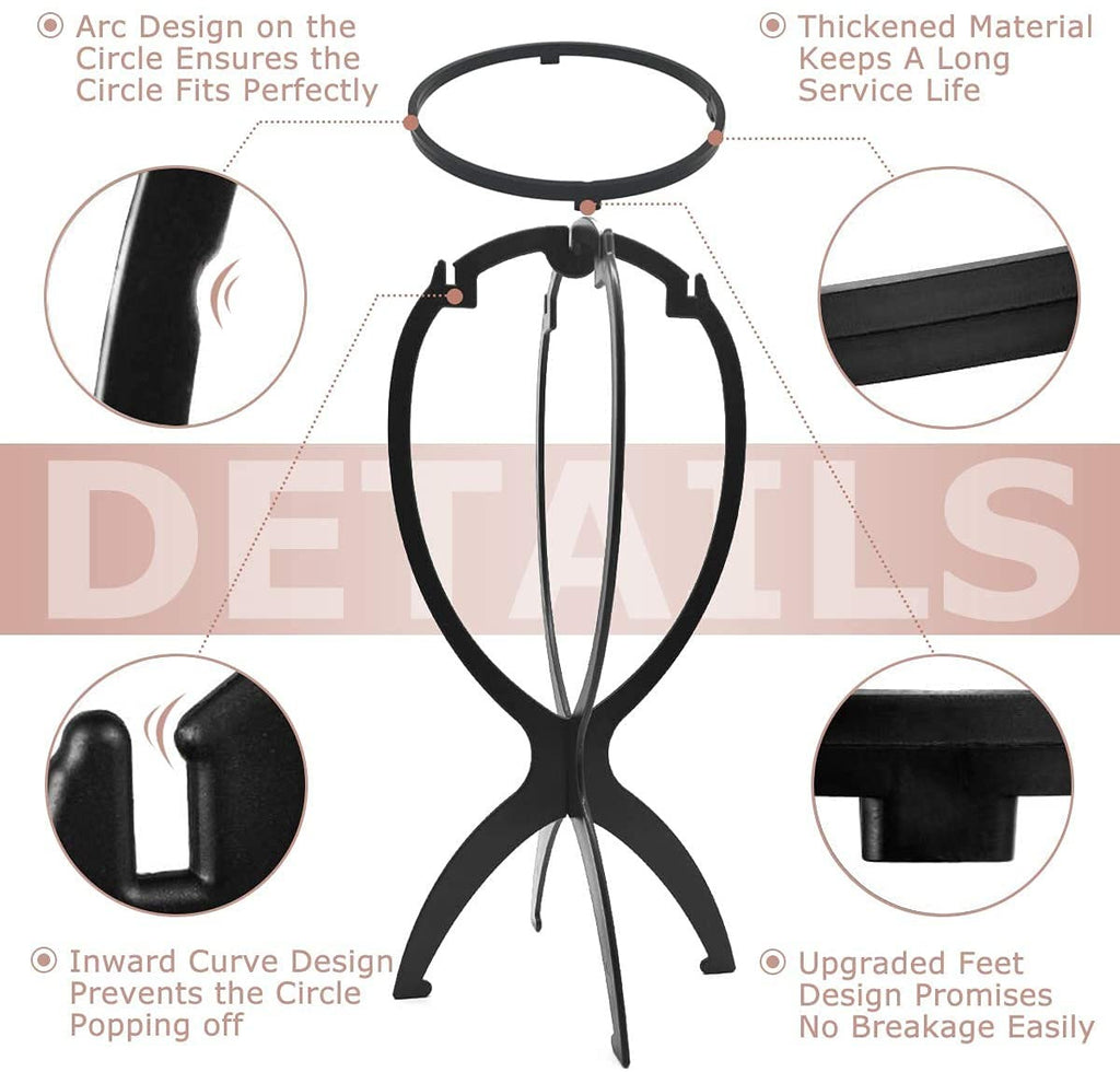 Wig Stand 3 Pack - Collapsible Black Wig Holders for Short Wigs & Travel