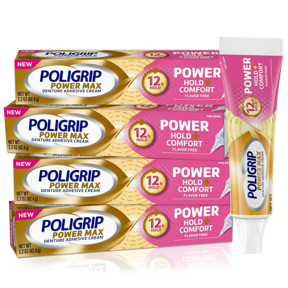 Denture Adhesive Power Max Hold Plus 2.2 Oz Pack of 4 - Zinc-Free, Long-Lasting