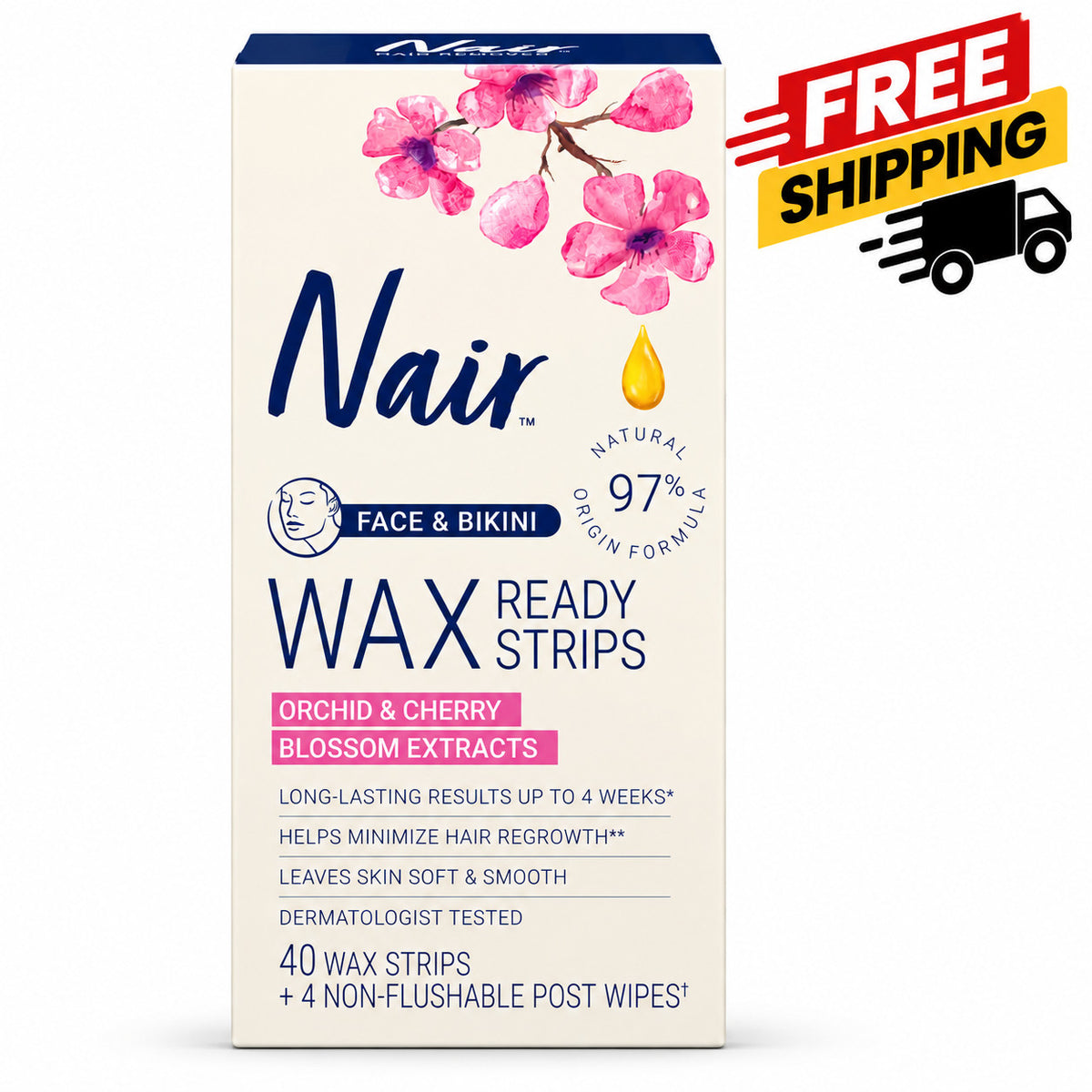 Hair Removal Wax Strips for Face & Bikini - 40 Count, Natural Formula