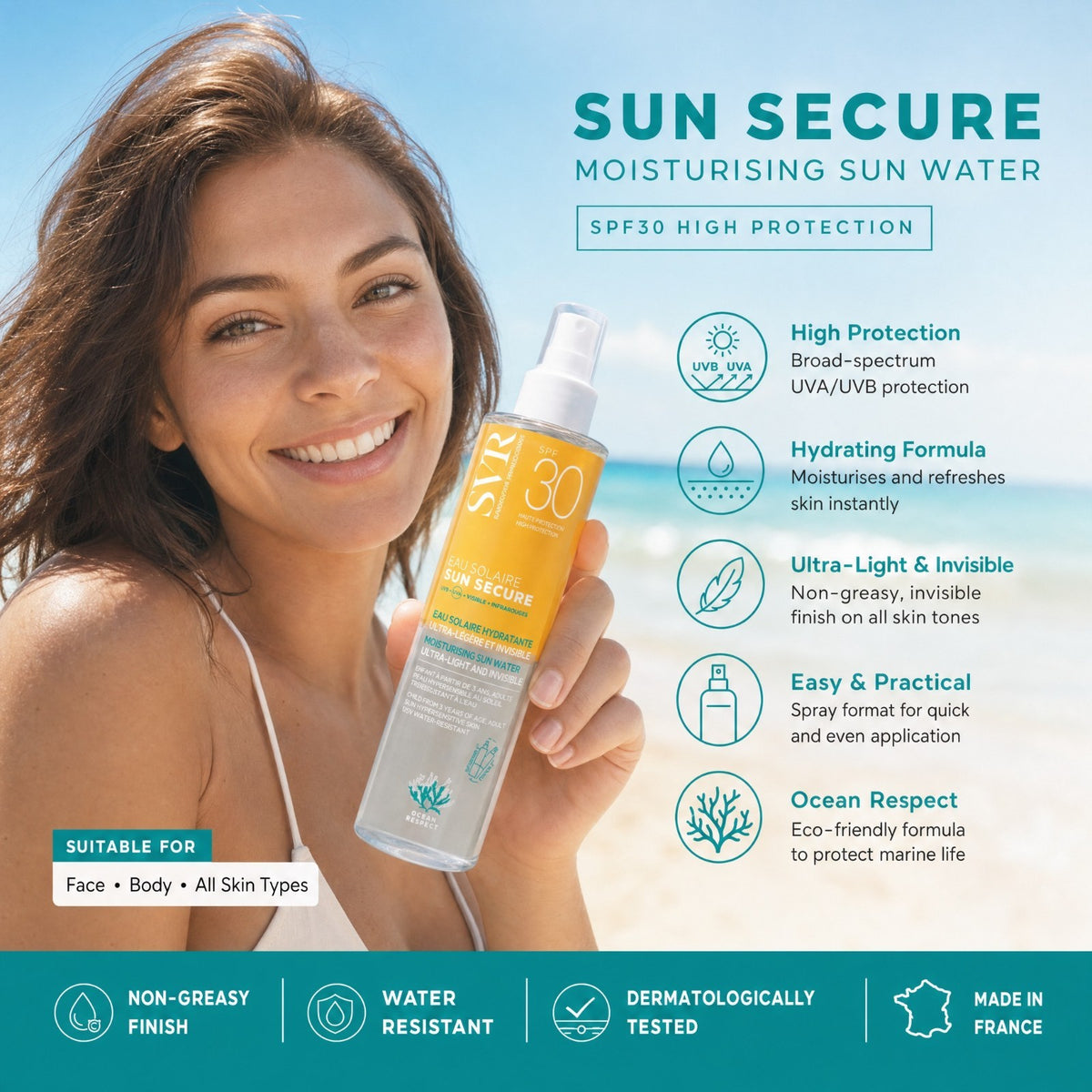 SPF 30 Water Sun Protection Spray - Lightweight Moisturising Sun Water