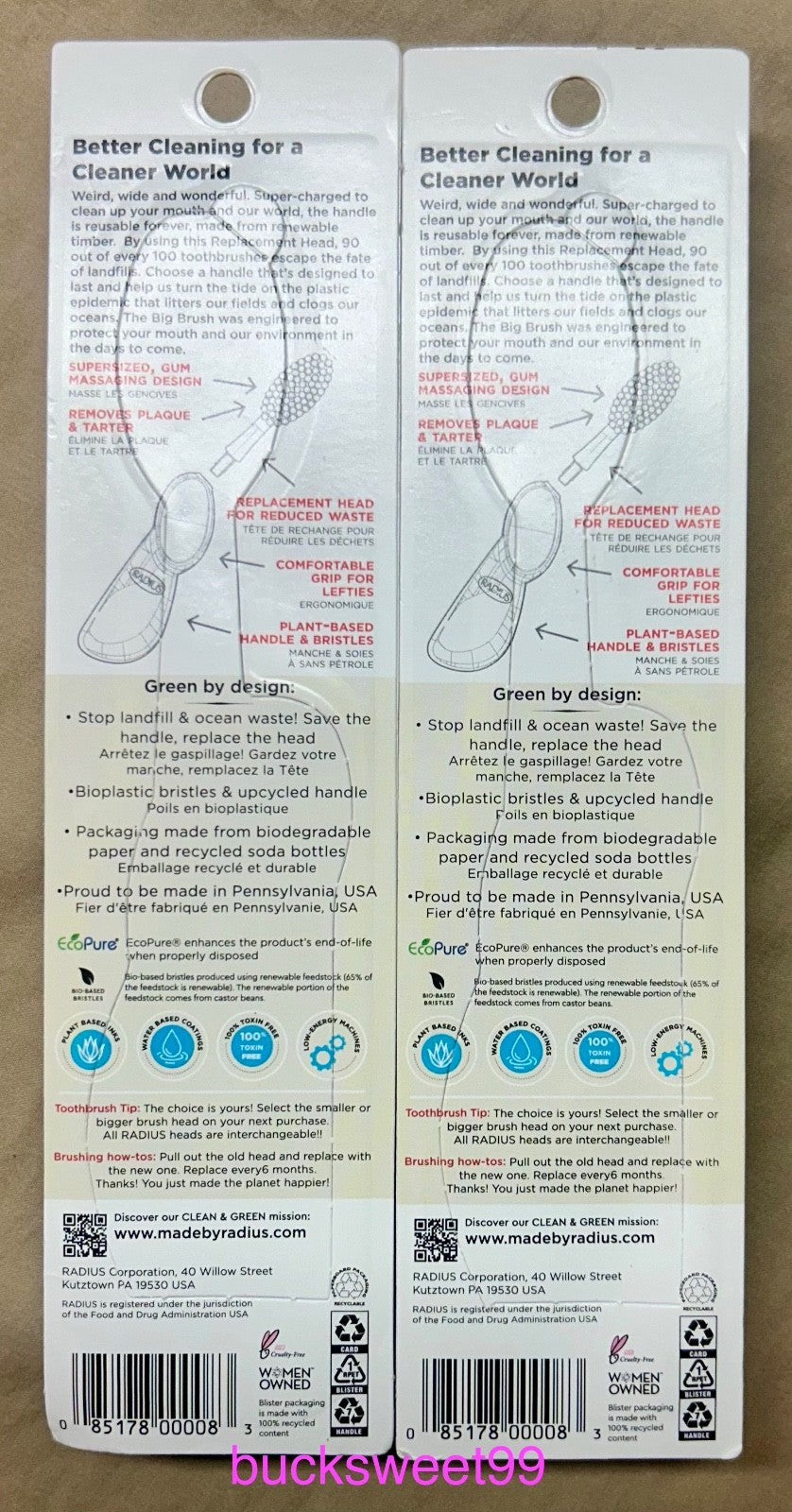 Replaceable Soft-Head Toothbrush for Right Hand - 2 Pack, Plant-Based Handle